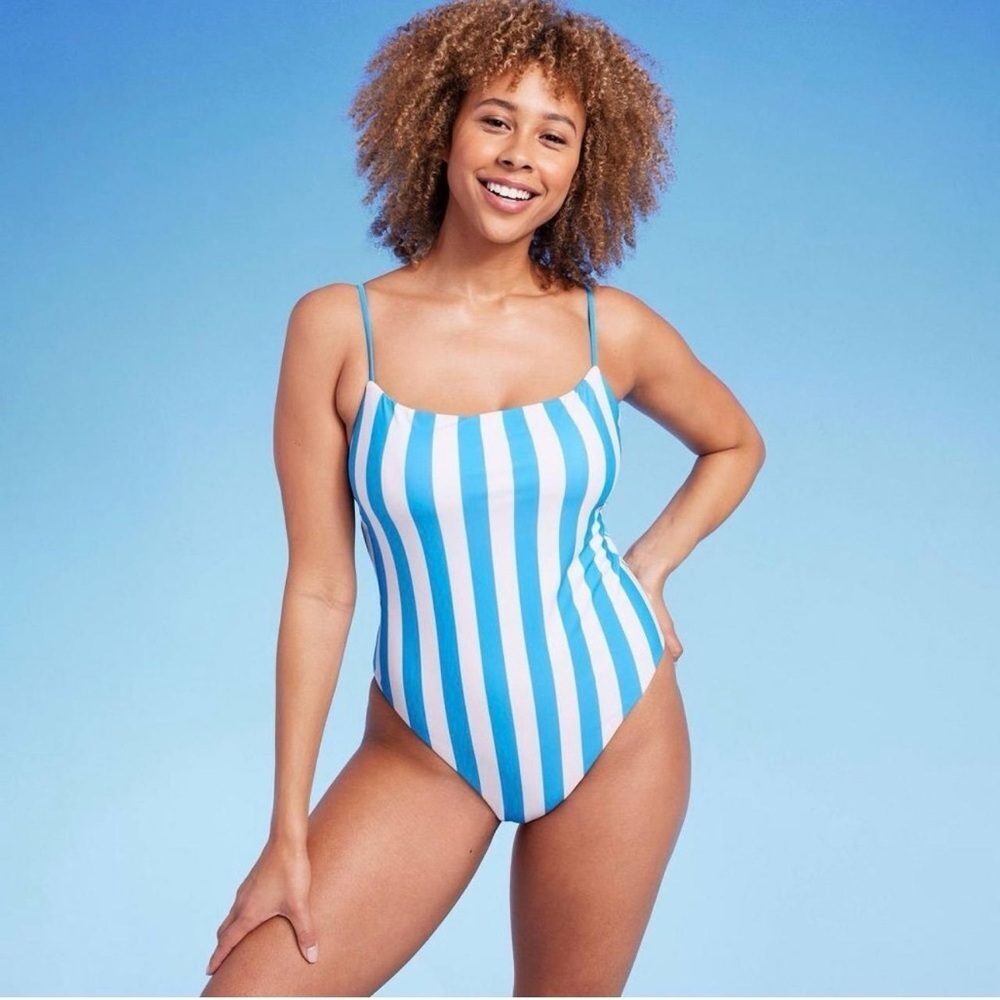 Shade & Shore square neck high leg cheeky one-piece swimsuit 16 blue stripe swim